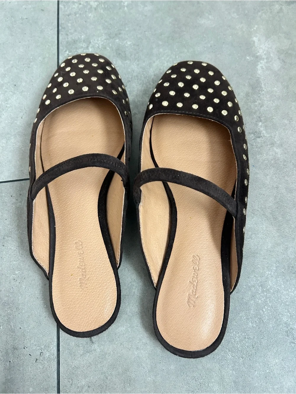 Madewell Greta Ballet Flat Mules Studded Suede Brown 6
